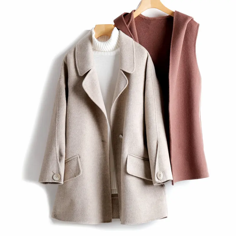 

Simple Double Sided Cashmere Coat Women's Short 2020 Autumn New Two Piece Hooded Vest Korean Tweed Overcoat Thick Warm