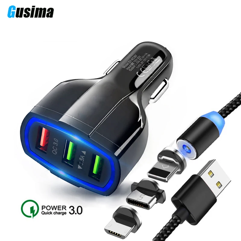 QC 3,0 3 USB Автомобильное зарядное устройство Quick Charge 3,0 3 порта быстрое зарядное устройство для автомобильного телефона зарядный адаптер с USB магнитным кабелем для iphone