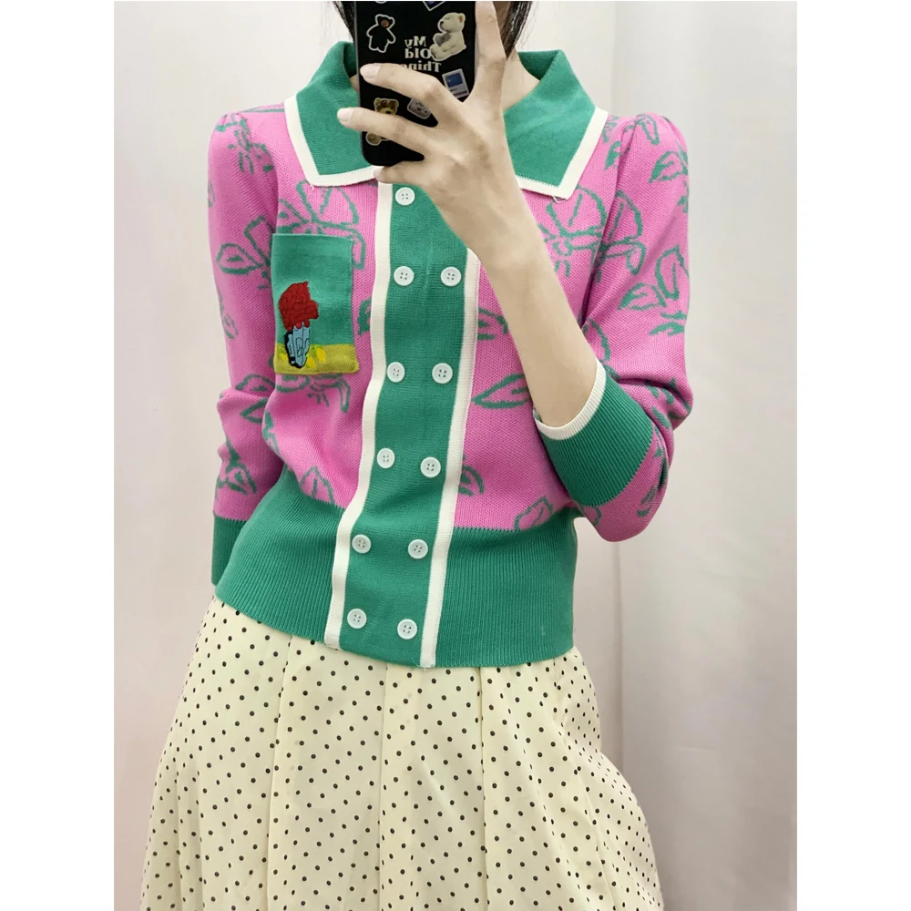 

Женский двубортный кардиган контрастных цветов, топ с цветочной вышивкой и отложным воротником, карманы с длинным рукавом