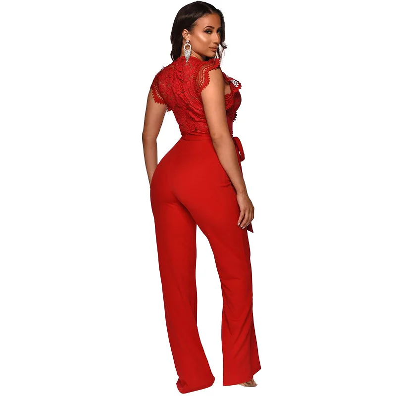 

Jumpsuits for Women Sleeveless Deep V-neck Lace Solid Straight Full Length Jumpsuit Summer Fashion Chiffon Outfits 2021