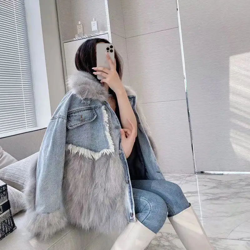 Женская куртка средней длины джинсовая парка из искусственного меха енота с