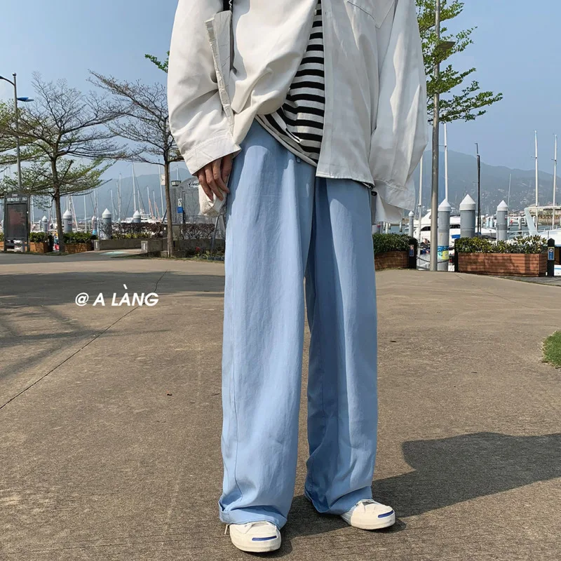 

Summer Wide-leg Pants Men's Fashion Black Blue White Casual Pants Men Streetwear Korean Thin Straight-leg Pants Mens Trousers