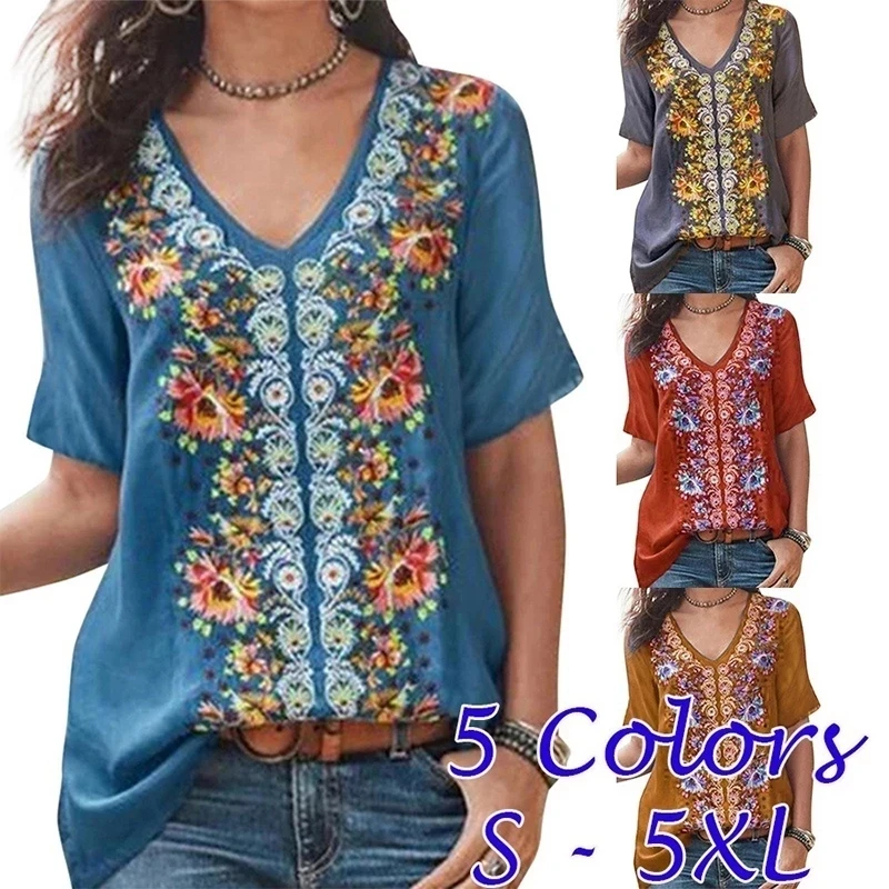 

Plus Size 5XL Shirt Blouse Female 2021 Spring New Tops V-Neck Sleeve Lace Splice Print Boho Women Shirt