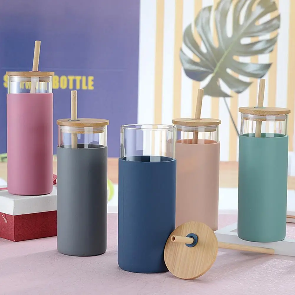 450ml Water Bottle Drink Juice Straw Cup Kettle Bamboo Cover Silicone Case Transparent Coffee Tea Drinkware | Дом и сад