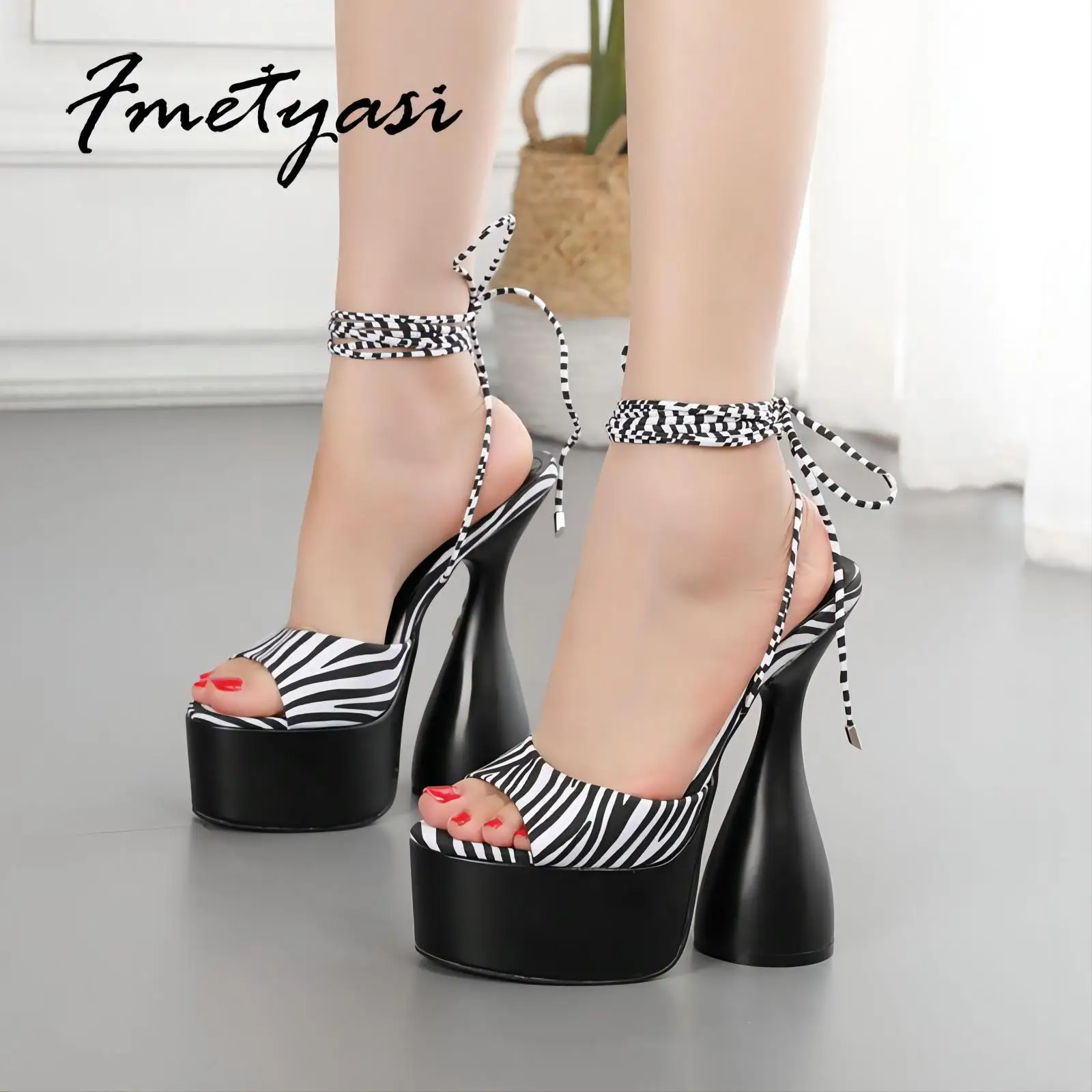 35-42 Newest Women High Heel Platform Strange Style Black White Cross Strap Gladiator Winding Sandal Party Dress Wedding Shoes