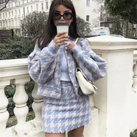 sweet houndstooth two pieces clothing set for women o neck long sleeve short jacket outwear tassel mini skirt ladies suits set
