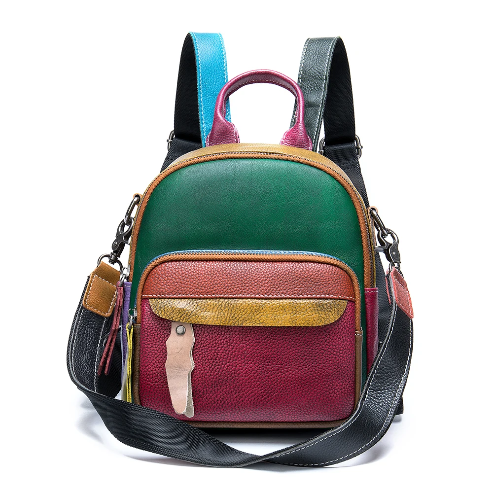 

Panelled Women Small Backpack Multi-color Rucksack Travel Bohemian Girls Knapsack Shoulder Bag Genuine Leather Female Daypack