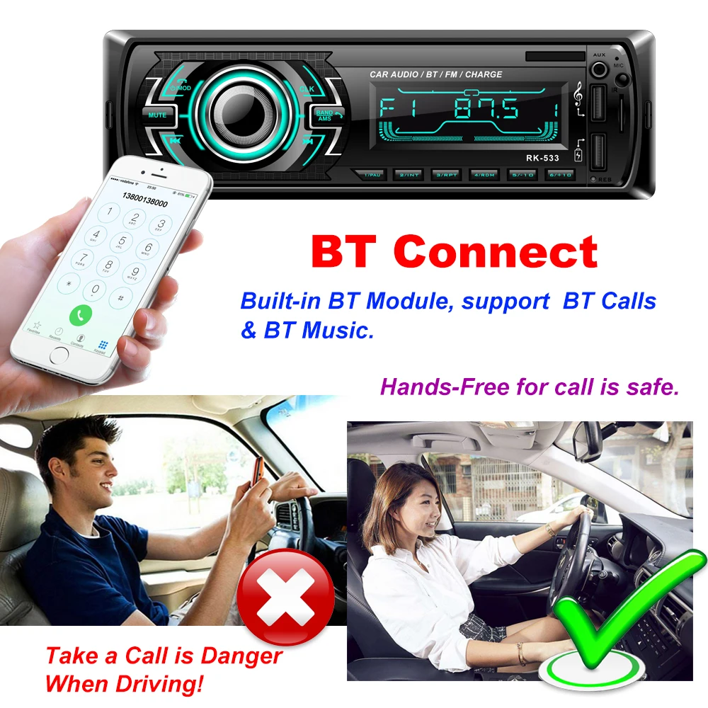 магнитола RK 533 1 Din автомобильное радио RDS FM 12V Авторадио indash Bluetooth MP3 плеер два USB