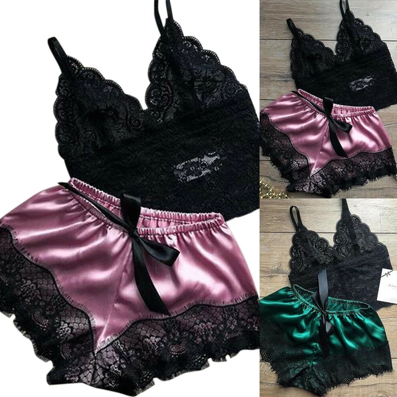 

Пижама женская атласная шелковая, пикантное нижнее белье, кружевная одежда для сна с V-образным вырезом, топ на бретельках и шорты, ночная Пи...