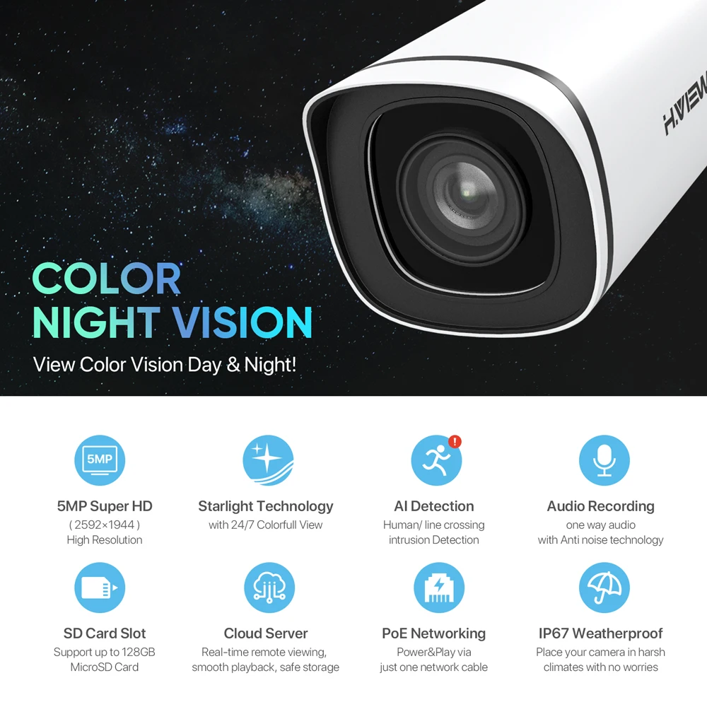 Камера видеонаблюдения H.VIEW H.265 водонепроницаемая уличная цветная камера