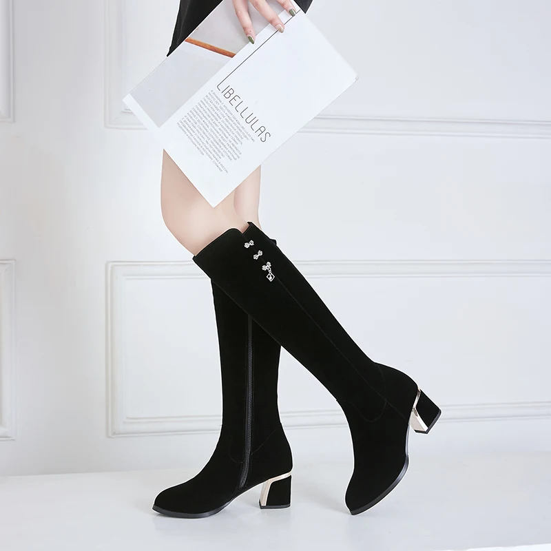 

ODS Winter Women Comfort Suede Thick High Heel Knee High Boots Fashion Zipper Boots Ladies Round Toe Fall Shoes Black
