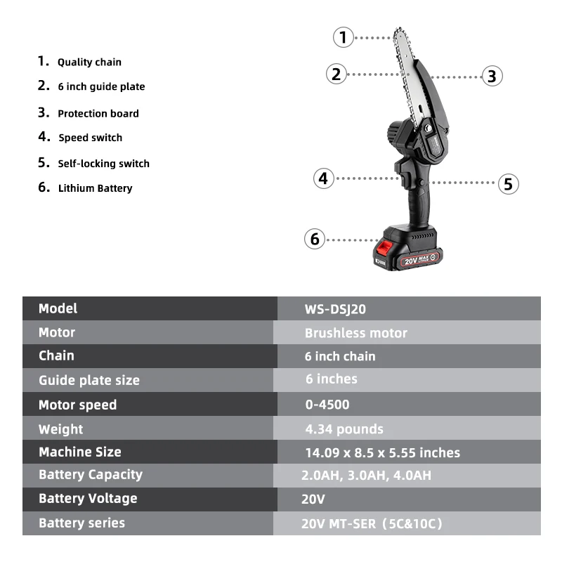 WOSAI 20V MT-Series 6 дюймов бесщеточная цепная пила Беспроводная мини Ручная обрезка
