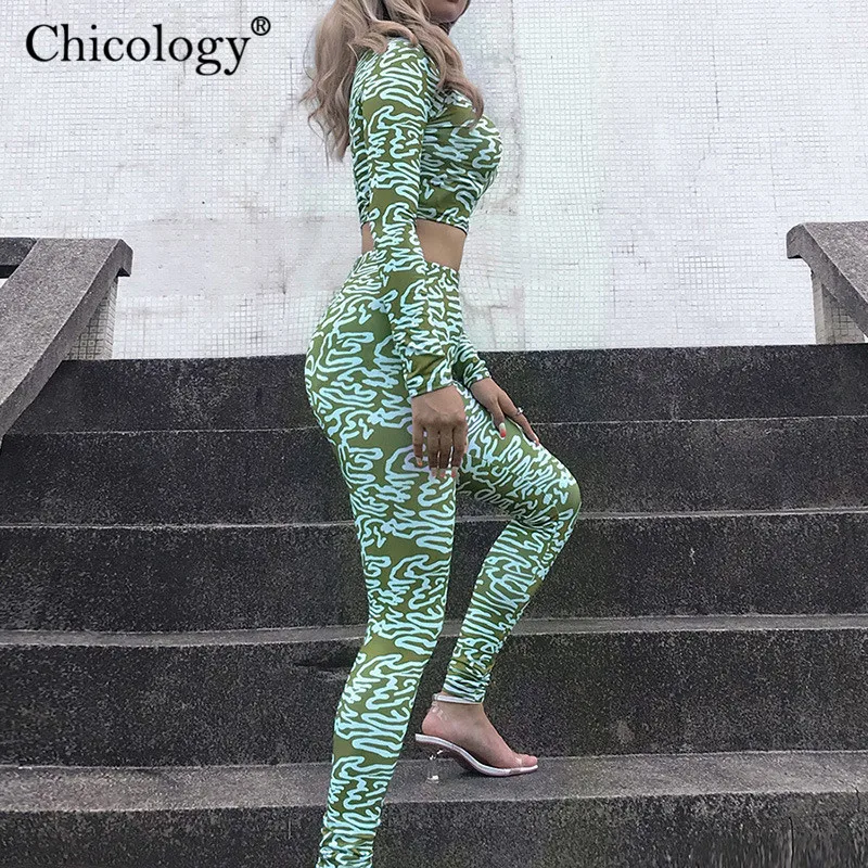 Chicology Камуфляжный облегающий кроп топ с высокой талией длинные штаны женское 2