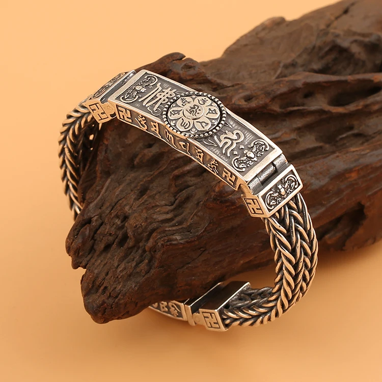 

Chinese Style Retro Creative Buddhist Seven Star Turntable Six-character Mantra Hand-woven Silver Men Jewelry Accessory