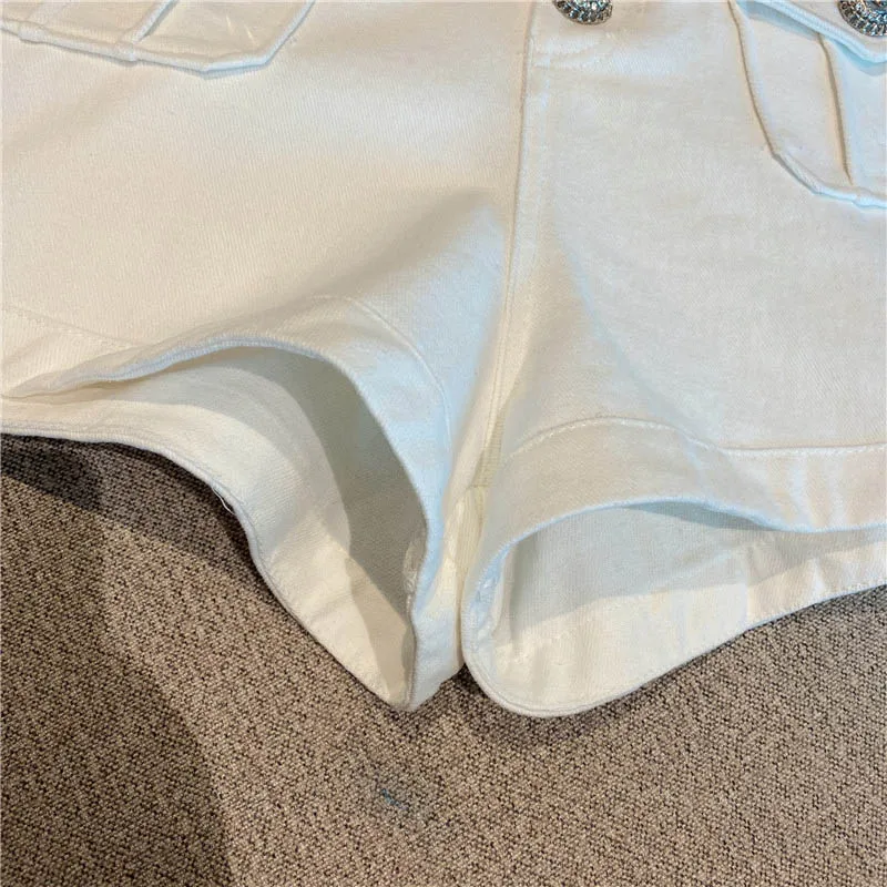 

Korea New Fashion 2021 Spring Summer Womens Diamonds Button Pockets High Waist Denim Zippers Solid Color Casual Mini Shorts