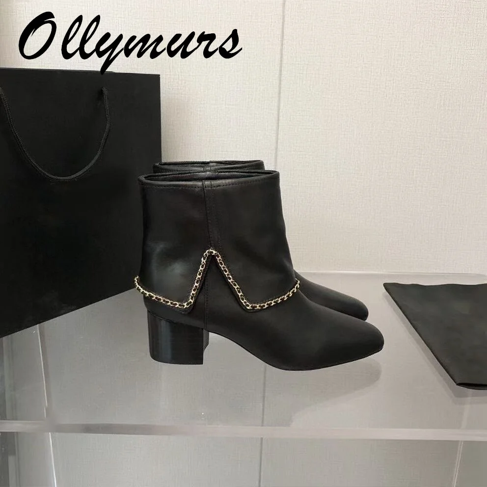 

Prowow New Winter Genuine Leather Luxury Designer Chain Boots Zip Side High Heel Ankle Boots HIgh Heel Boots Deisgner Boots
