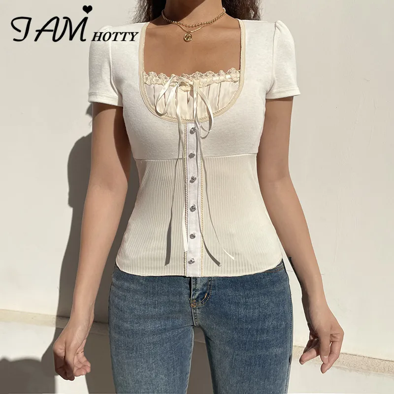 

IAMHOTTY Y2K Patchwork Tees Kawaii Short Sleeve Top Lace Up Bow Button Square Neck Wool Fleece 90s Aesthetic Shirts Summer Women