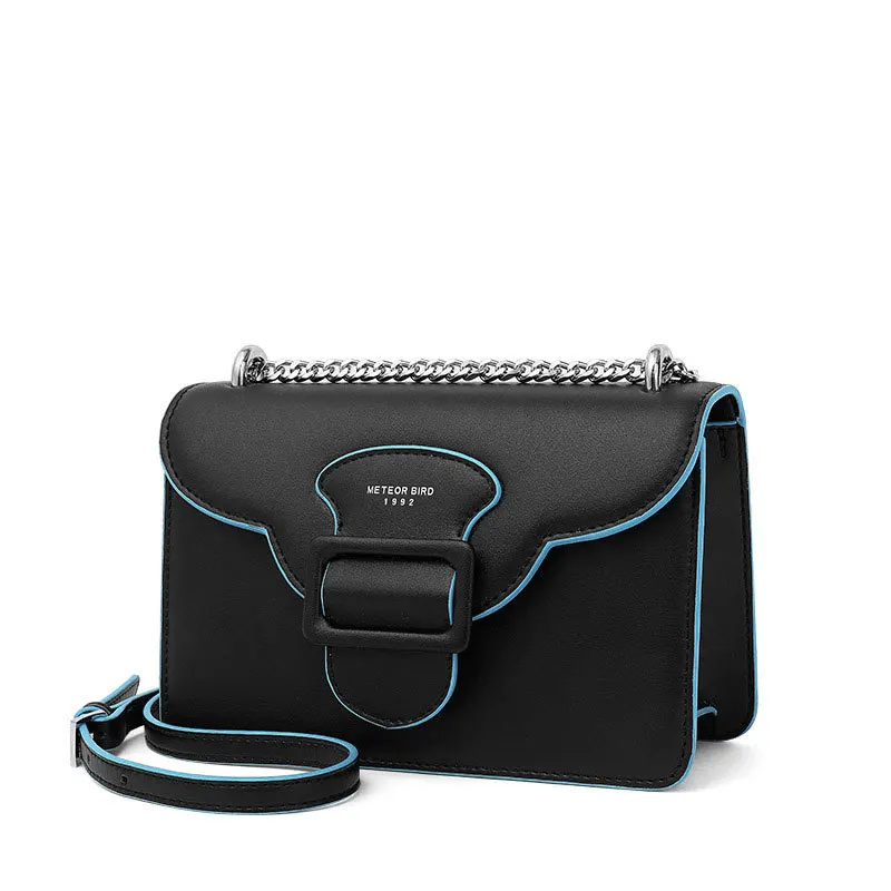 

European style Cowhide Genuine Leather chain single shoulder oblique span portable small square leather women's bag