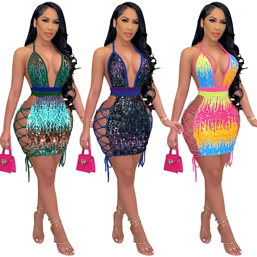

Sequin Dress Women Sleeveless Lace Up Halter Hollow Out Backless Mini Dress Bodycon Sexy Birthday Party Club Outfits Female