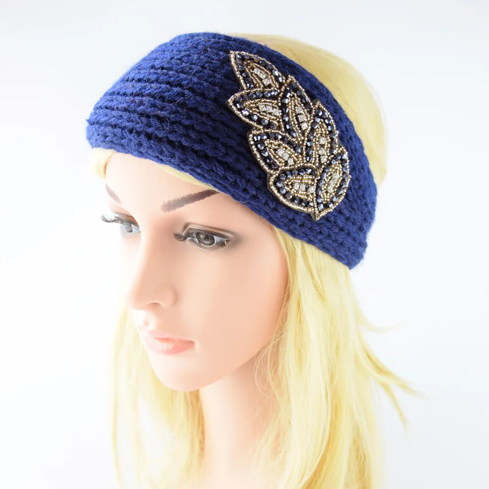 Шерстяная Женская ободок зимняя вязаная повязка на голову Стразы для женщин и