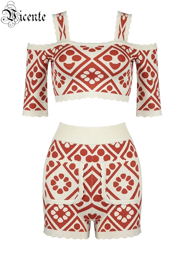 VC All Free Shipping HOT Chic Jacquard Spagehtti Strap Two Pieces Sets Short Sleeves Celebrity Party Pants Suit | Женская одежда