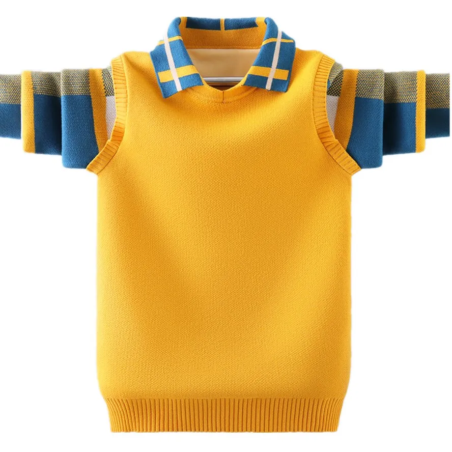 Children Sweater 4-15 T Fashion Lattice Design Kids Warm Pullover Jacket Inner Fleece For Teen Boy Polo Collat Knitted Coat