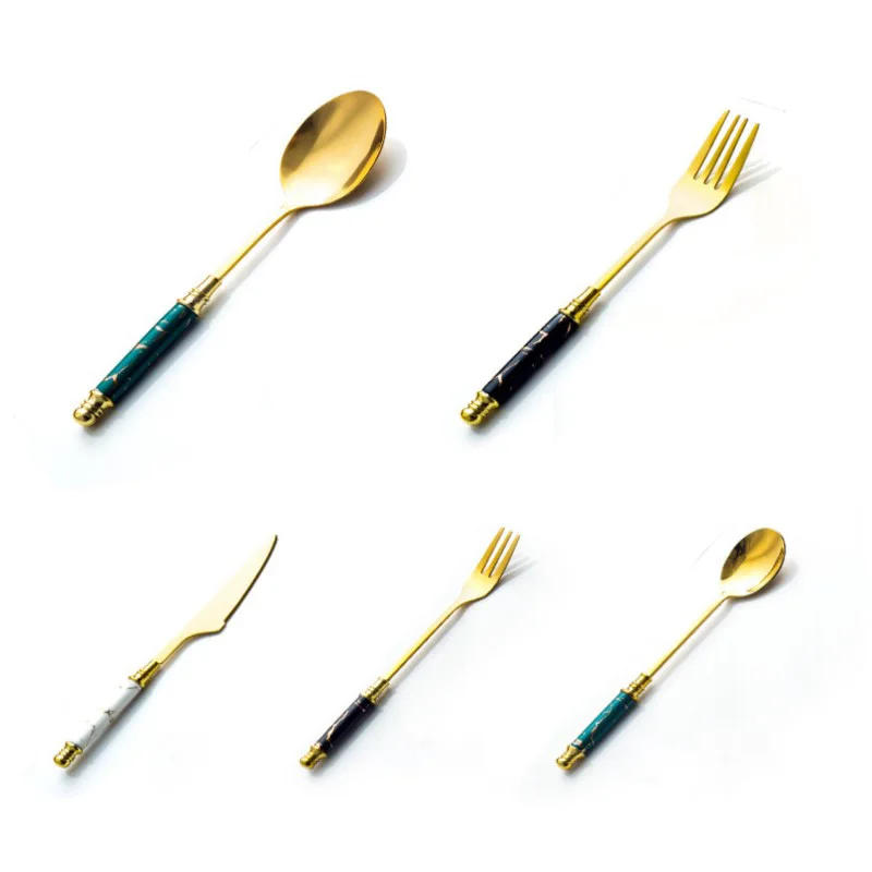 

Stainless Steel Tableware Creative Marble Tableware Spoon Light Luxury Stainless Steel Coffee Spoon Fruit Fork Durable Spoon