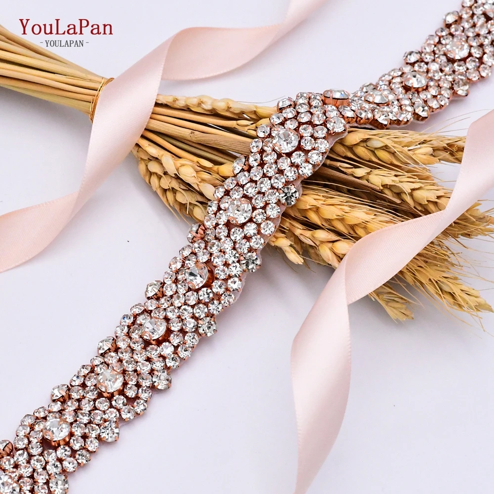 

YouLaPan S28B-RG Rose Gold Rhinestone Belt for Bridesmaid Dress Floral Bridal Dress Belt Simple Diamond Belt off White Belt