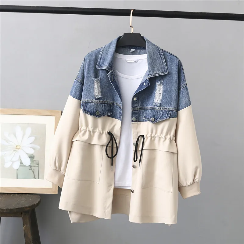 

Women Trench Coat Fad Spring Autumn Clothes Stitching Hole Denim Coats Plus size 4XL Casual Overcoat Windbreaker Female Tops