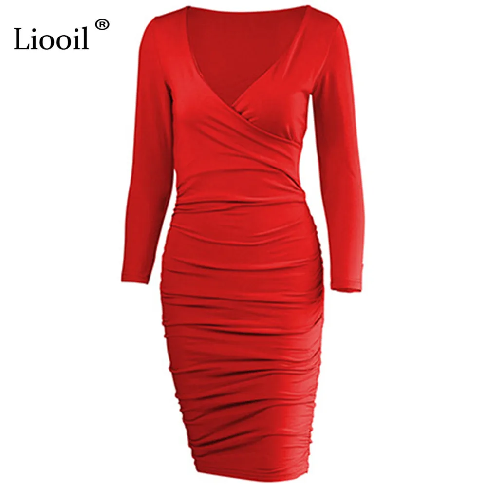 Liooil Fall Sexy V Neck White Midi Bodycon Dress Women Autumn Winter Stretchy Long Sleeve Club Party Tight Fitted Dresses