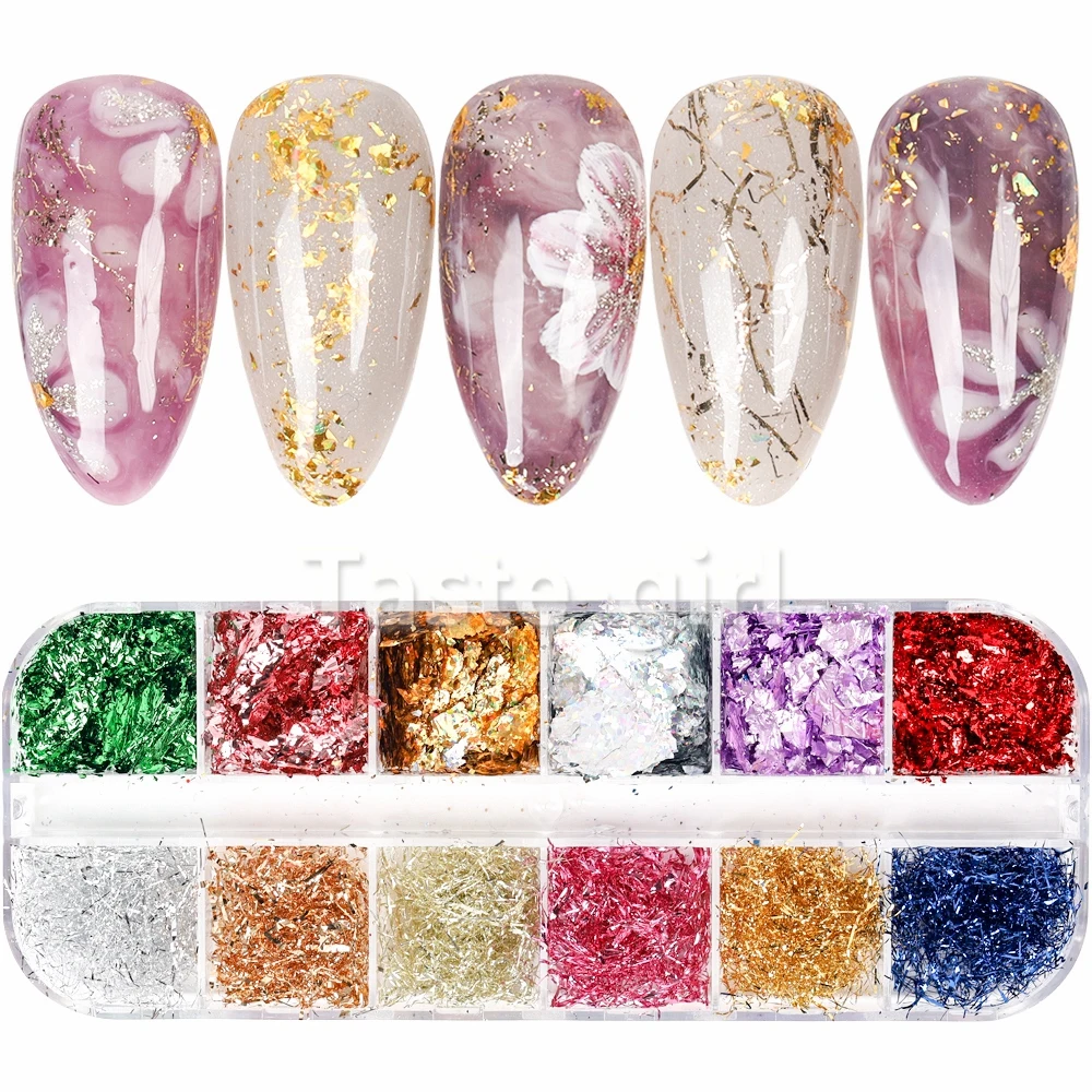 

12 Grid/Set Colorful Aluminum Irregular Holographic Glitter Foil Sequin Powder Stripes Nail Mirror Flake Paillette Manicure Wire