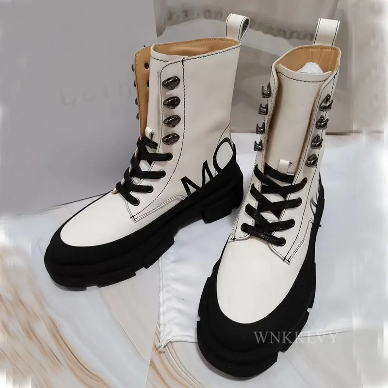 

Platform Mixed Colors Martin Boots Women Thick Sole Real Leather Rivet Lace Up Ankle Botas Handsome Motorcycle Short Boots 2020