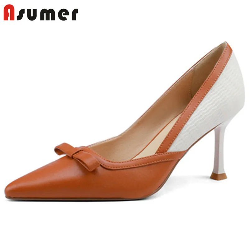 

Asumer 2022 New Arrive Thin High Heels Party Wedding Shoes Women Genuine Leather Shoes Mixed Colors Bowknot Spring Women Pumps