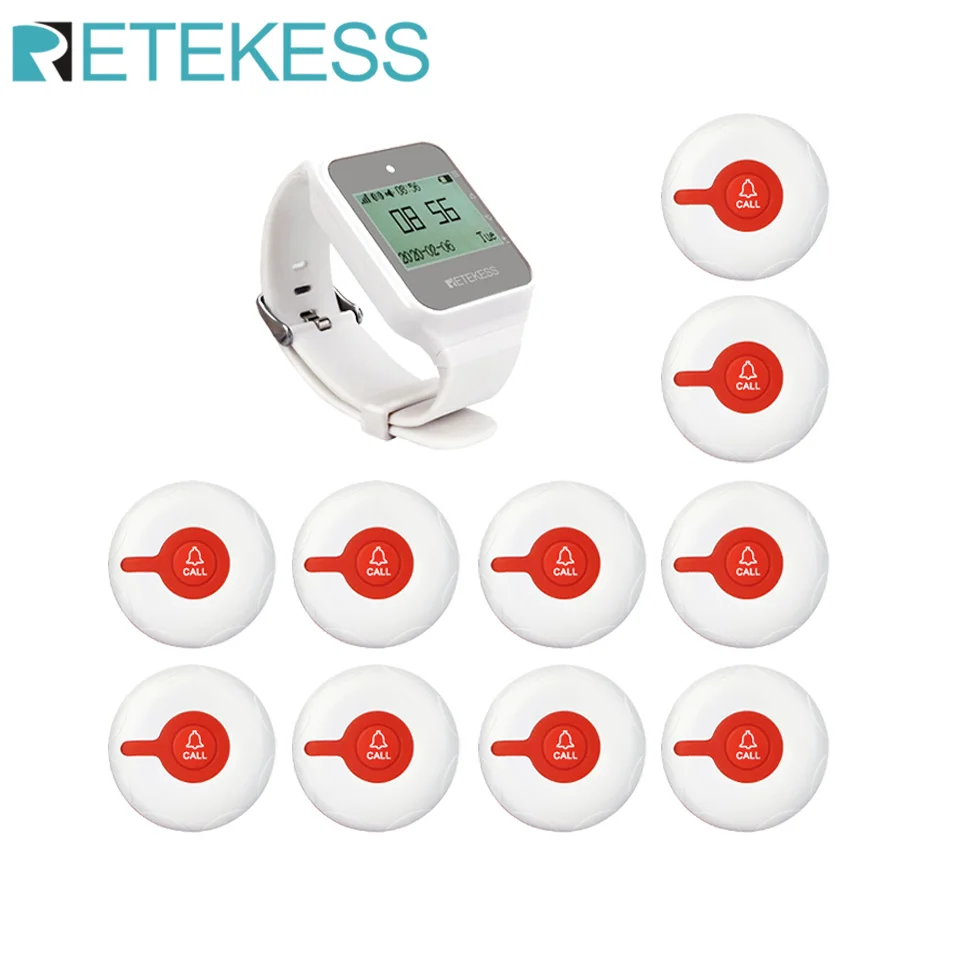 RETEKESS Wireless Waiter Calling System Restaurant Pager TD108 Watch Receiver+10 TD009 Button Waterproof For Hookah Nurse Clinic