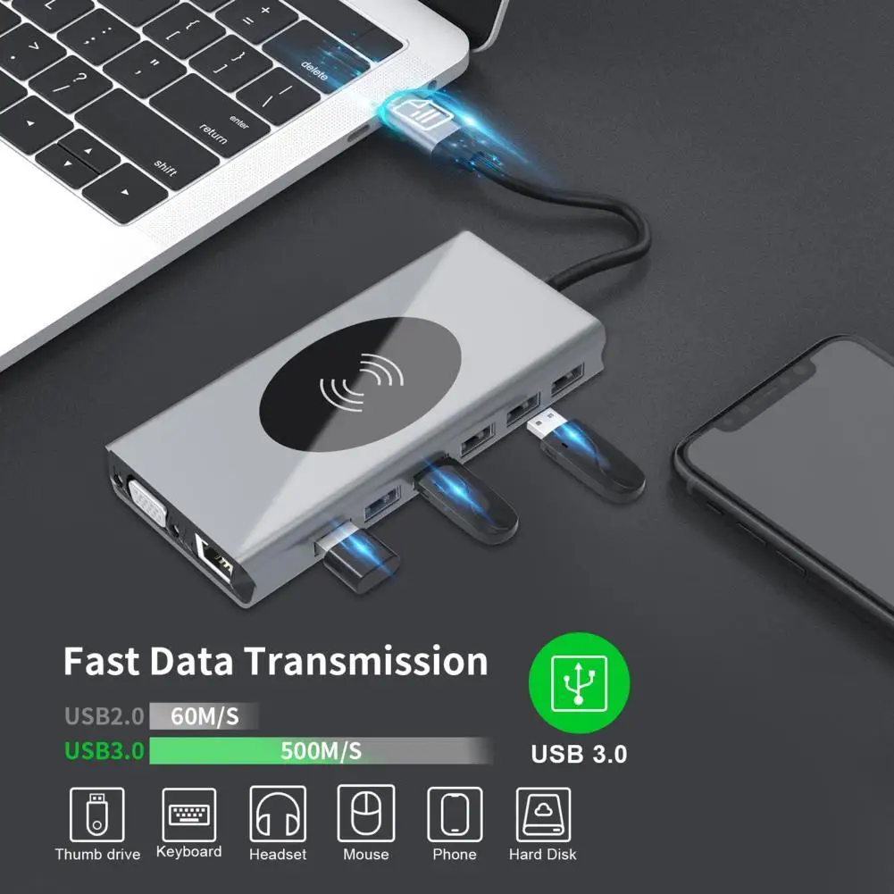 

Portable 12-in-1 Multi-function USB-C Type-C Docking Station 4K HUB HDMI+USB3.0+PD+3.5MM Audio+Gigabit LAN Network Port