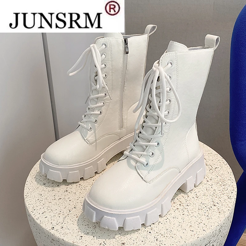

New Mid-Calf Boots Thick sole Height Increasing Women's Motorcycle Boots Microfiber Leather Autumn Winter Women boots