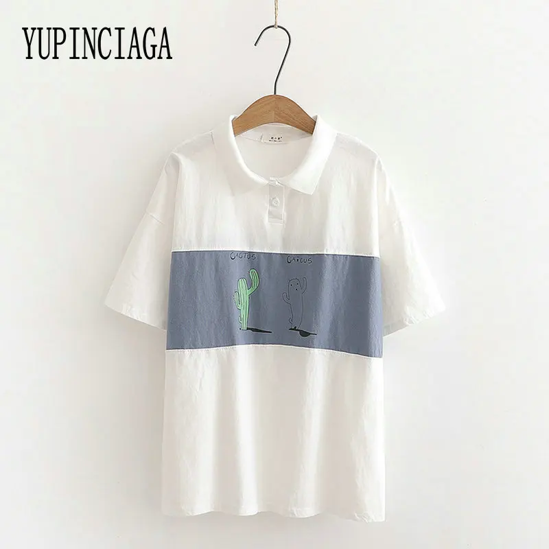 

YUPINCIAGA Новая Летняя женская футболка с цветными блоками, Модная хлопковая футболка с отложным воротником и пуговицами, Повседневная футболк...