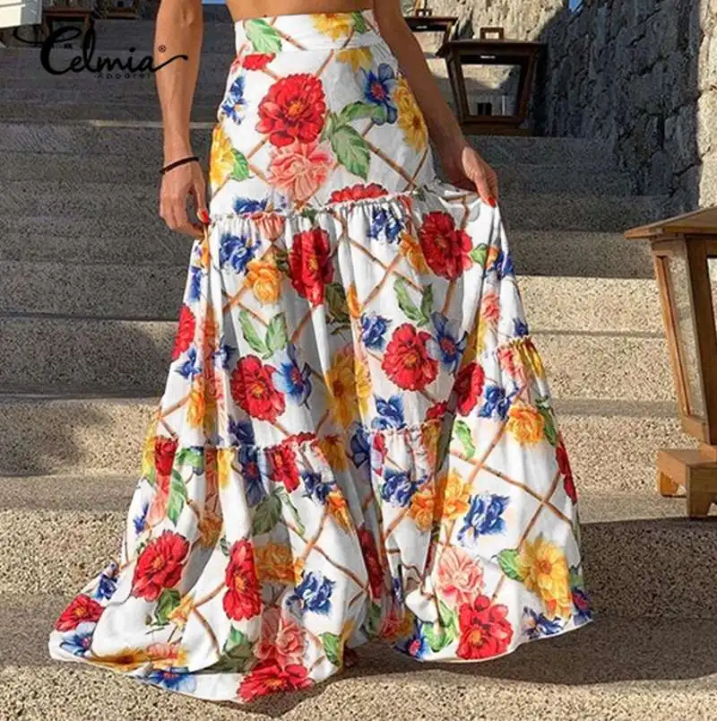 

Women's 2021 Fashion Bohemian Long Faldas Celmia Holiday Floral Printing High Waist Maxi Skirts Pleated Stitching A-line Jupes