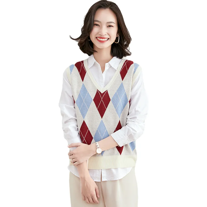 

Women's Knitted Vest 2020 Fall/Winter New Geometric Pattern Women's Fashion Loose Temperament Sleeveless V-neck Sweater Vest