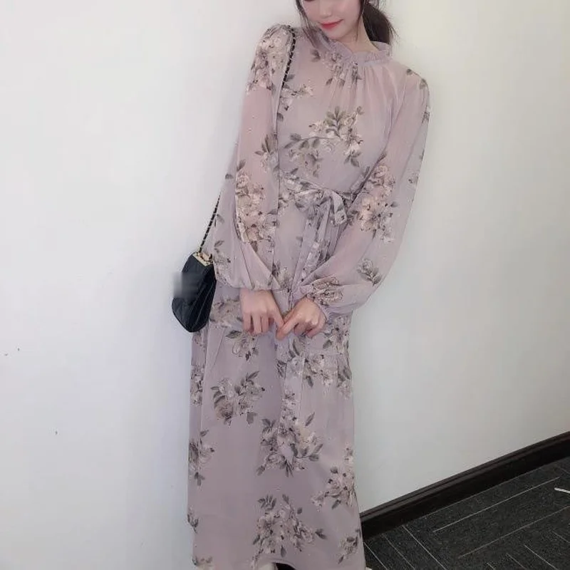 

Vintage Print Spring Dress Women High Waist Hip Slim A Line Vestidos O Neck Pullover Long Sleeve Robe 2021 New Slim