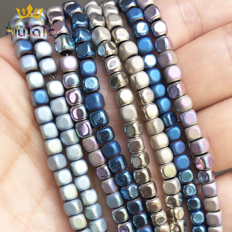 4 мм Квадратные бусины из Натурального Гематита матовые разноцветные синего