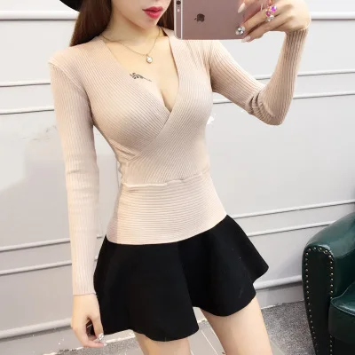 2019 New spring fashion Women sexy deep v-neck long sleeve thread knitted tunic bodycon sweater tops solid color | Женская одежда