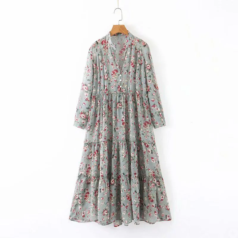 Винтажное шикарное платье миди с цветочным принтом и пуговицами Женская мода 2019 v