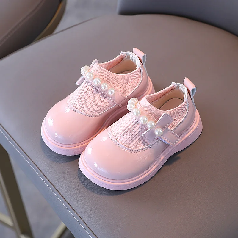 Children Artificial PU Girls Shoes British Style Soft Bottom Breathable Casual Princess Kids Pearl Leather For Girl |