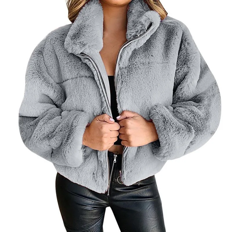 Plush Jacket Women Winter Short 2021 Women Faux Fur Zipper Cardigan Warm Jacket 7 Color Casual Solid Color Outerwear Female