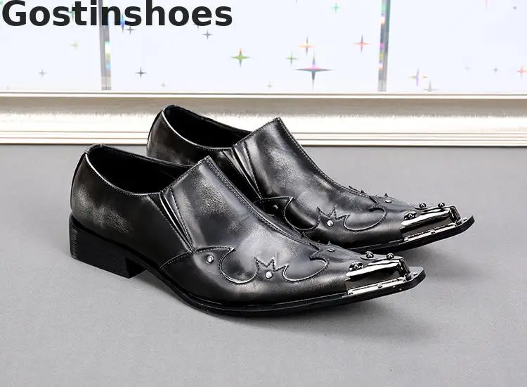 Черная обувь из натуральной кожи мужские слипоны с металлическим наконечником