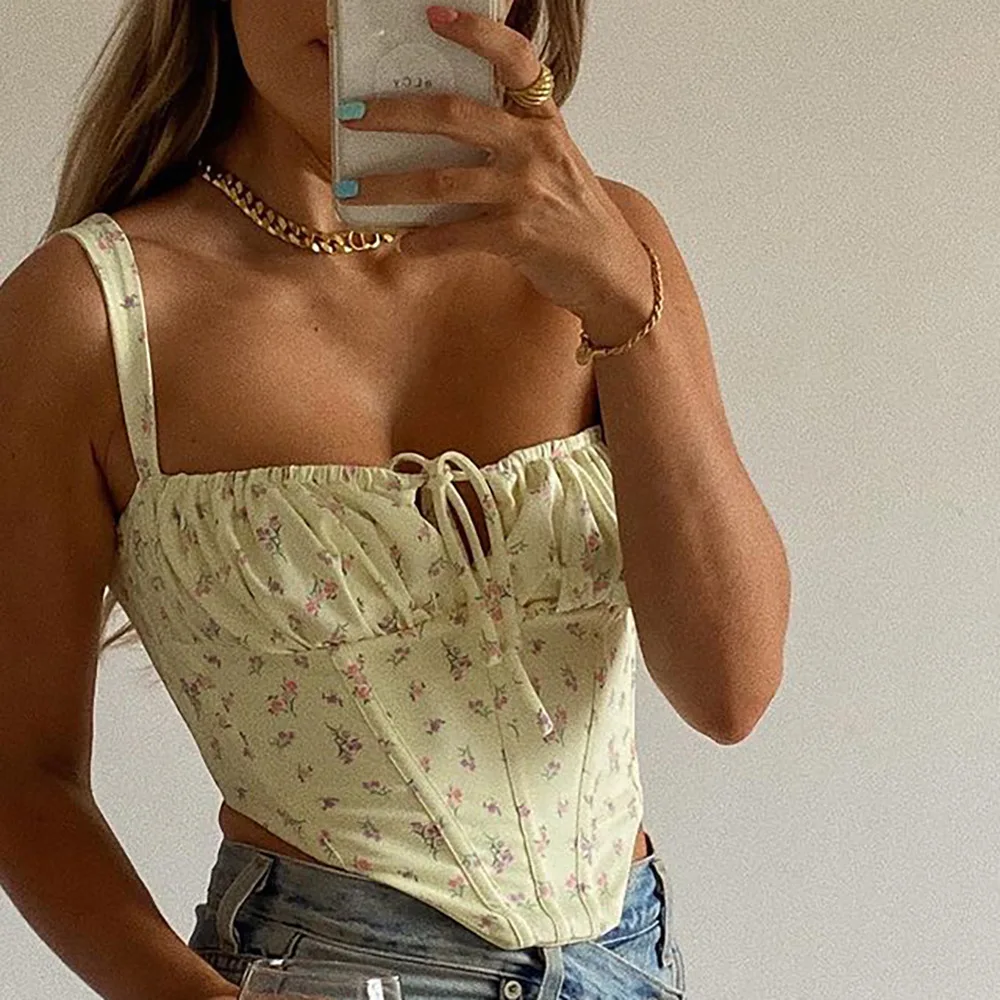 2021 Floral Print Corset Summer Crop Top Women Boning Ruched Strap Sweet Camisole Tank Drawstring Sexy Hollowed Backless Tops