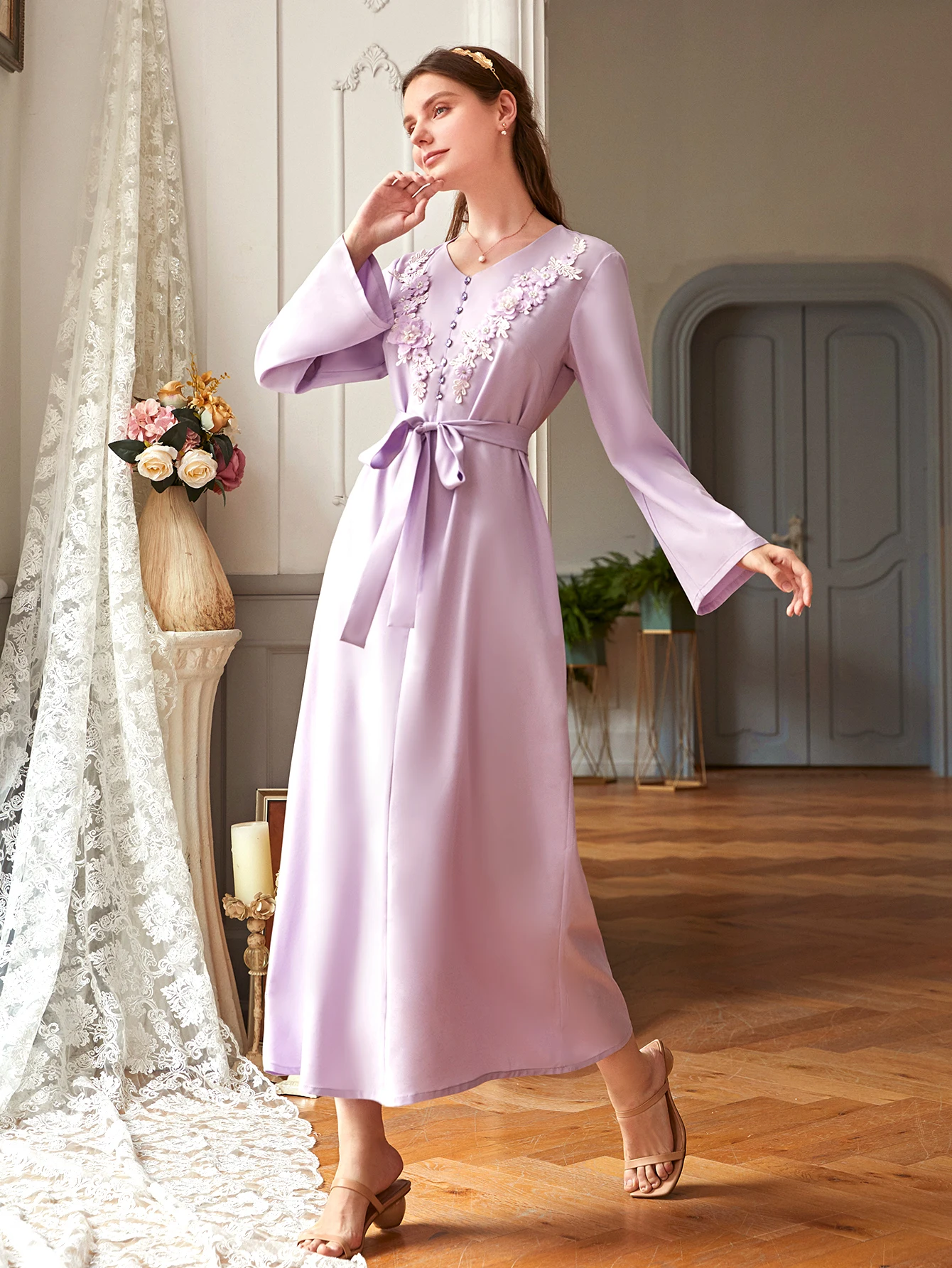 Платье мусульманское с вышивкой аппликацией и бисером полная длина Абая для