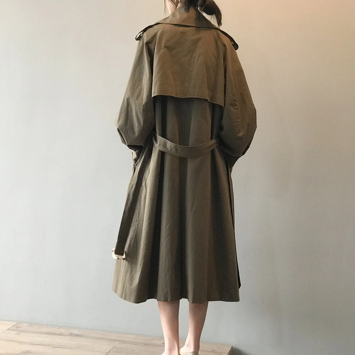 

Army Green Big Turn-down Collar BF France Elegant Belt Trench Coat Long Coat Women 2020 Vintage Double Breasted New Office Lady