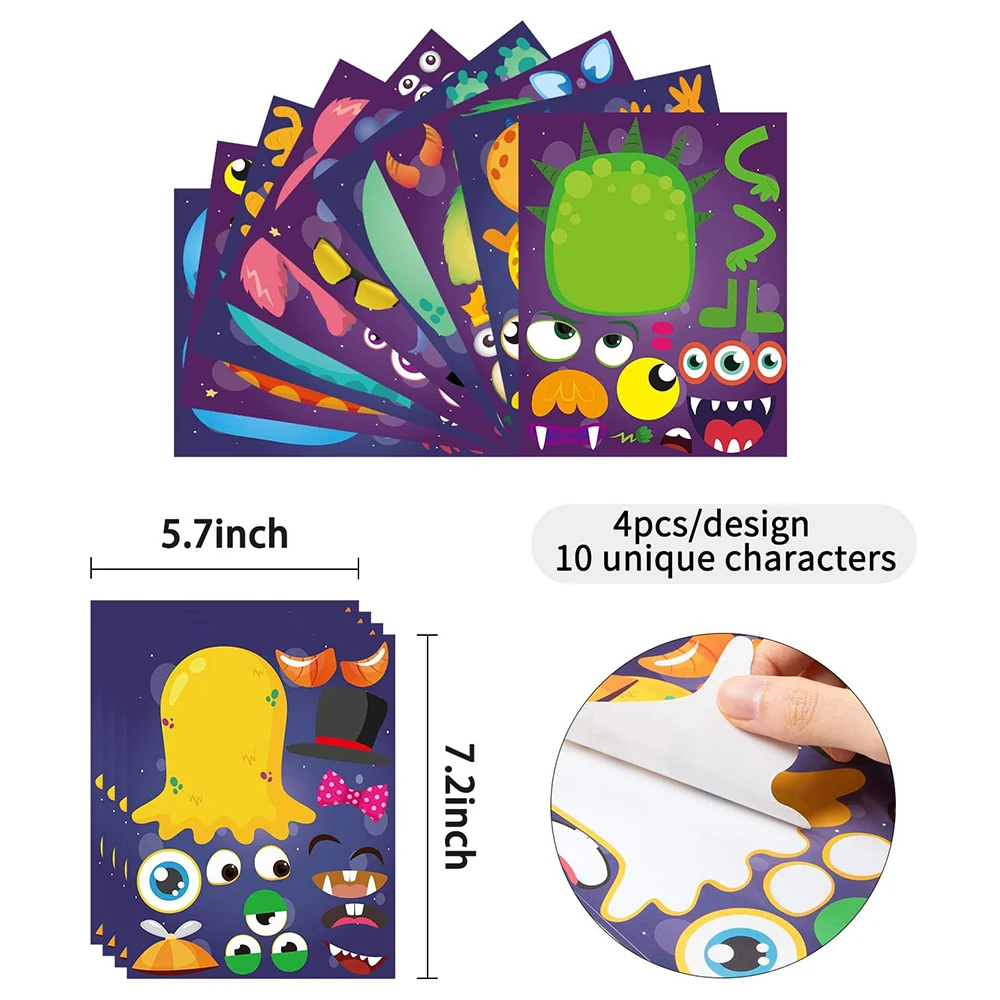 

40Pcs Monsters Face Party DIY Art Crafts Stickers Birthday Party Supplies Monster Sticker Decorations for Kids Play Get Together